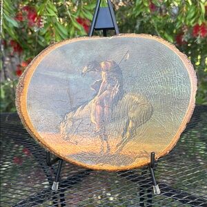 Vintage End of Trail Rustic Wood Slice Art with Native American Design